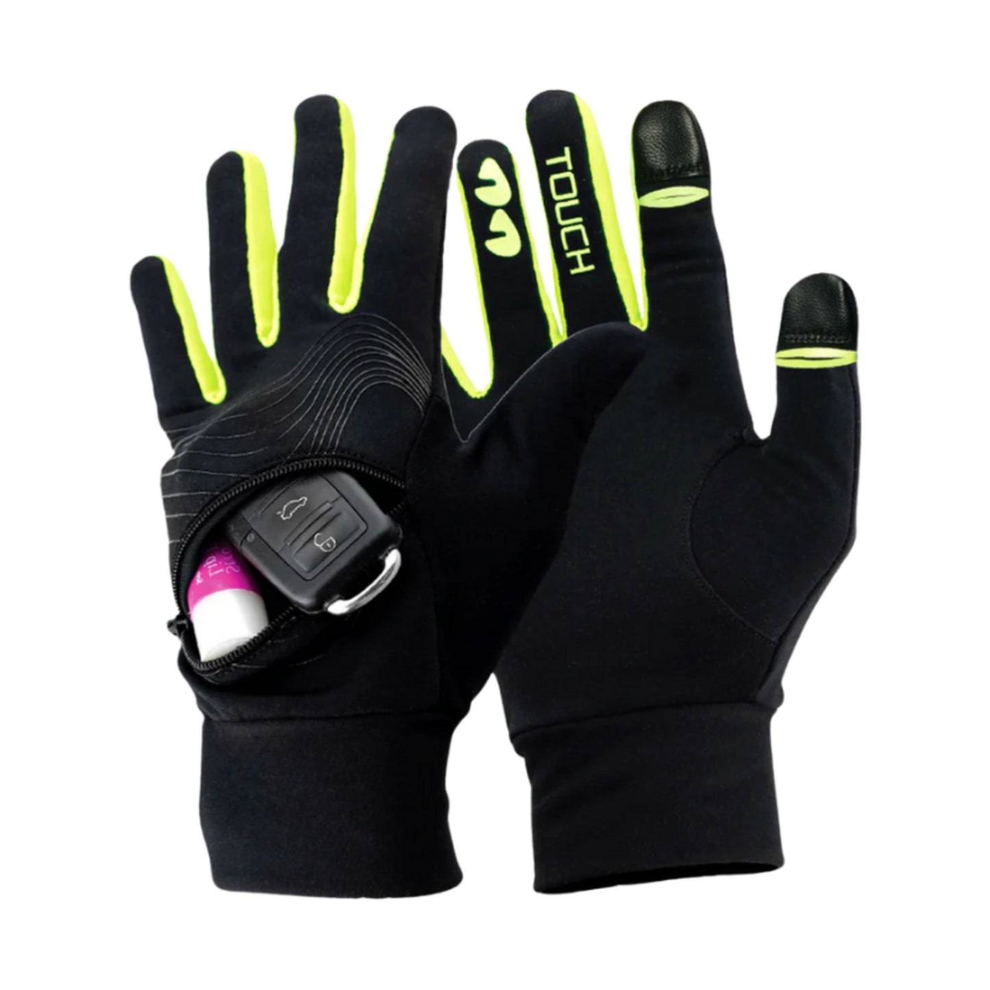 Black gloves with touch screen tips and keychain holder on a white background