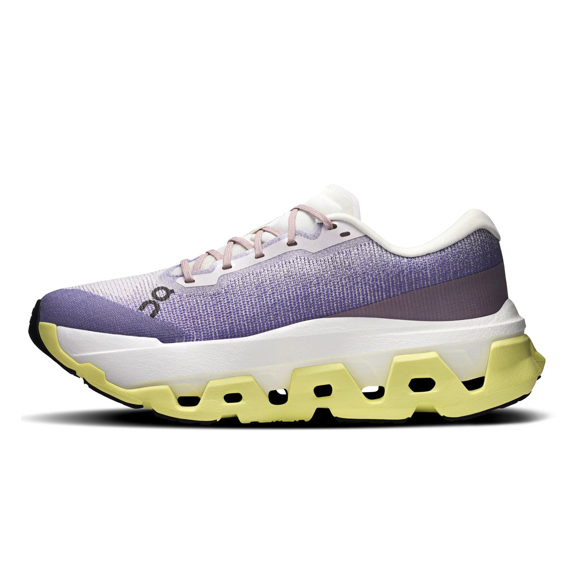 A single running shoe shown in a side profile on a clean white background. The upper is a textured purple mesh with a white collar and laces, a white midsole, and a chunky yellow-green outsole.