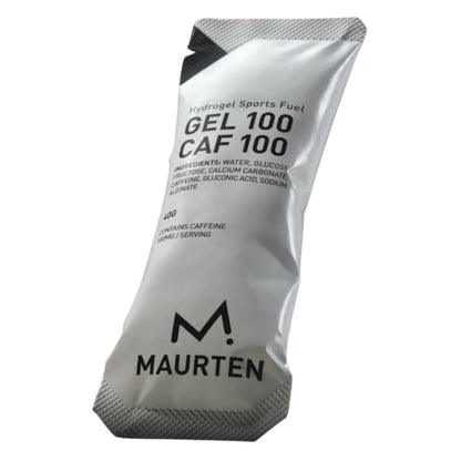 A single packet of Maurten Gel 100 Caf 100 Hydrogel Sports Fuel on a plain white background.