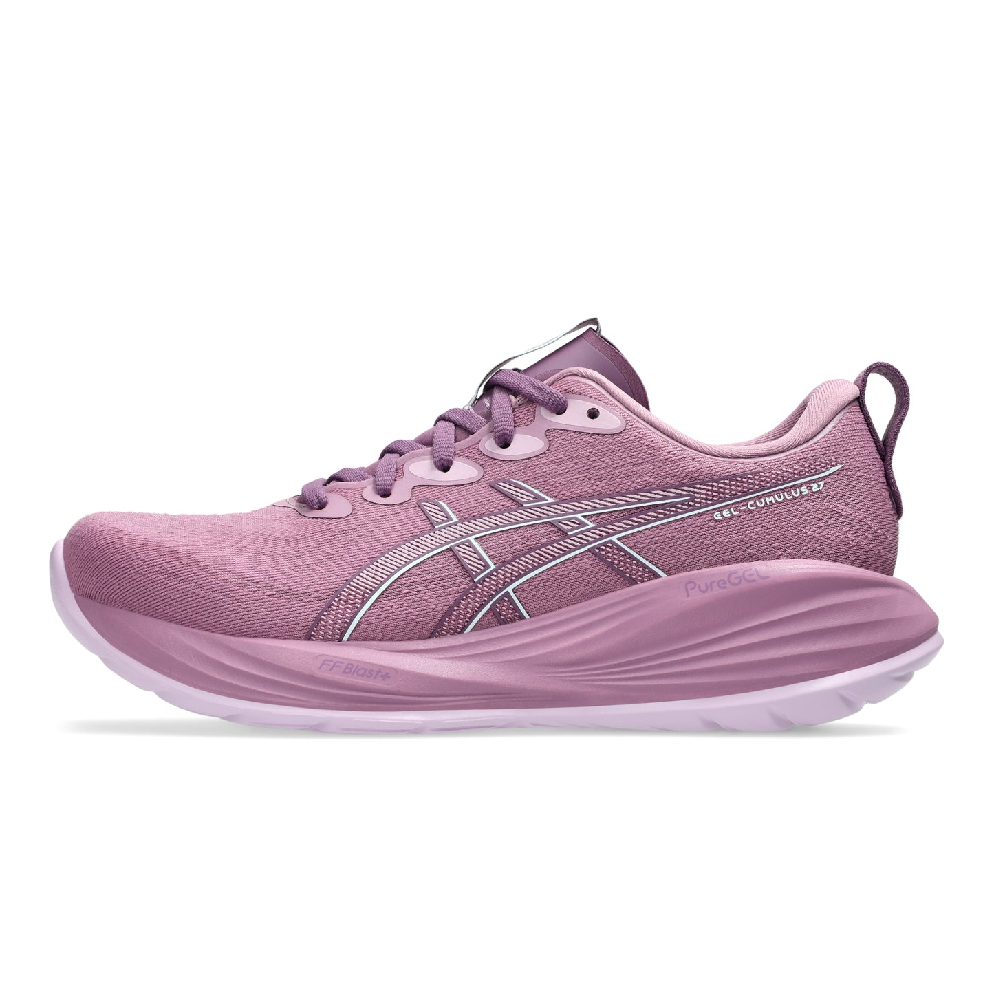 Pink Asics running shoe with white accents on a white background