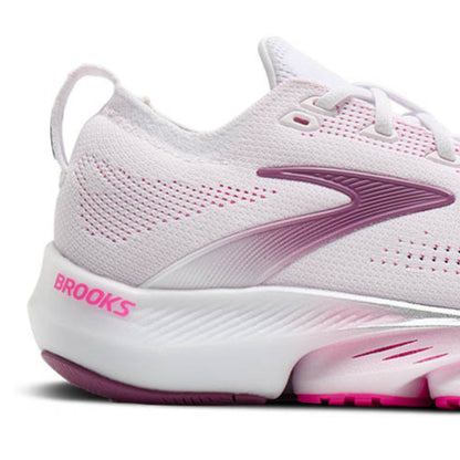 White and pink Brooks running shoe on a white background