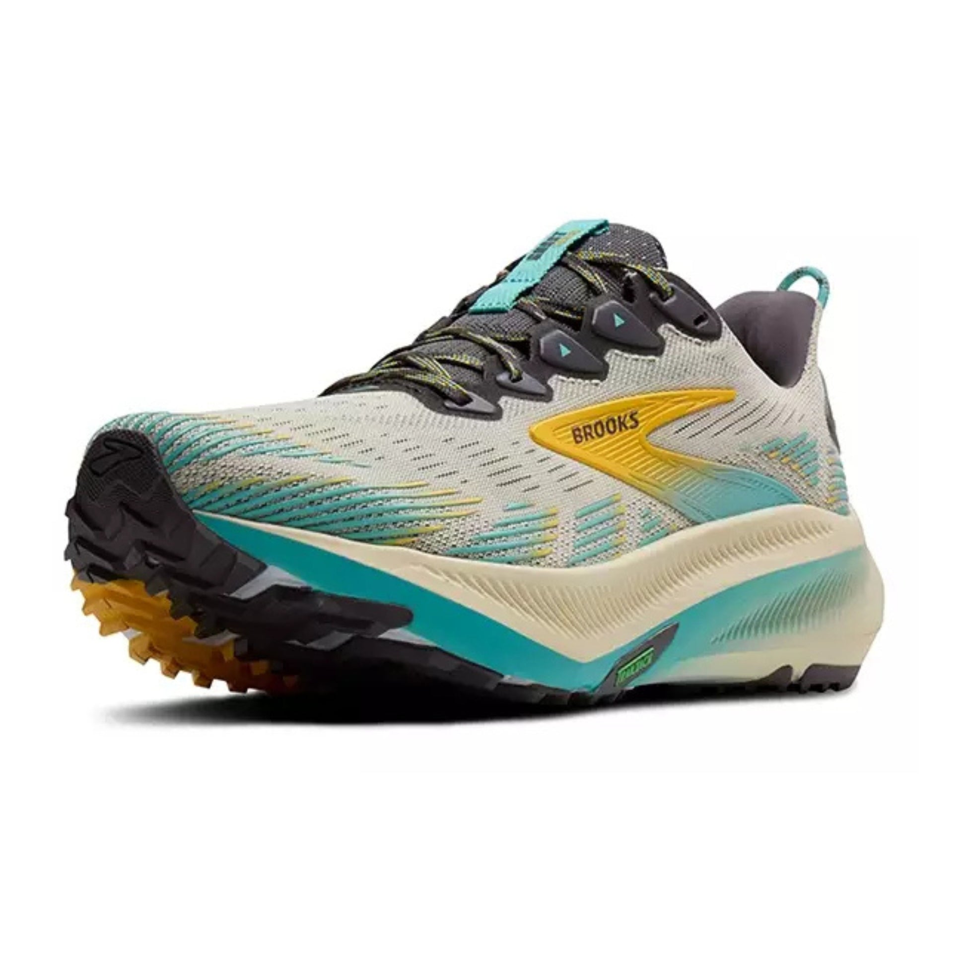 Brooks running shoe with teal and gray design on a white background