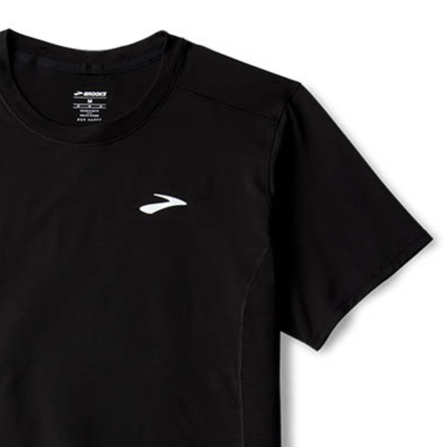 Black t-shirt with a white logo on a light gray background