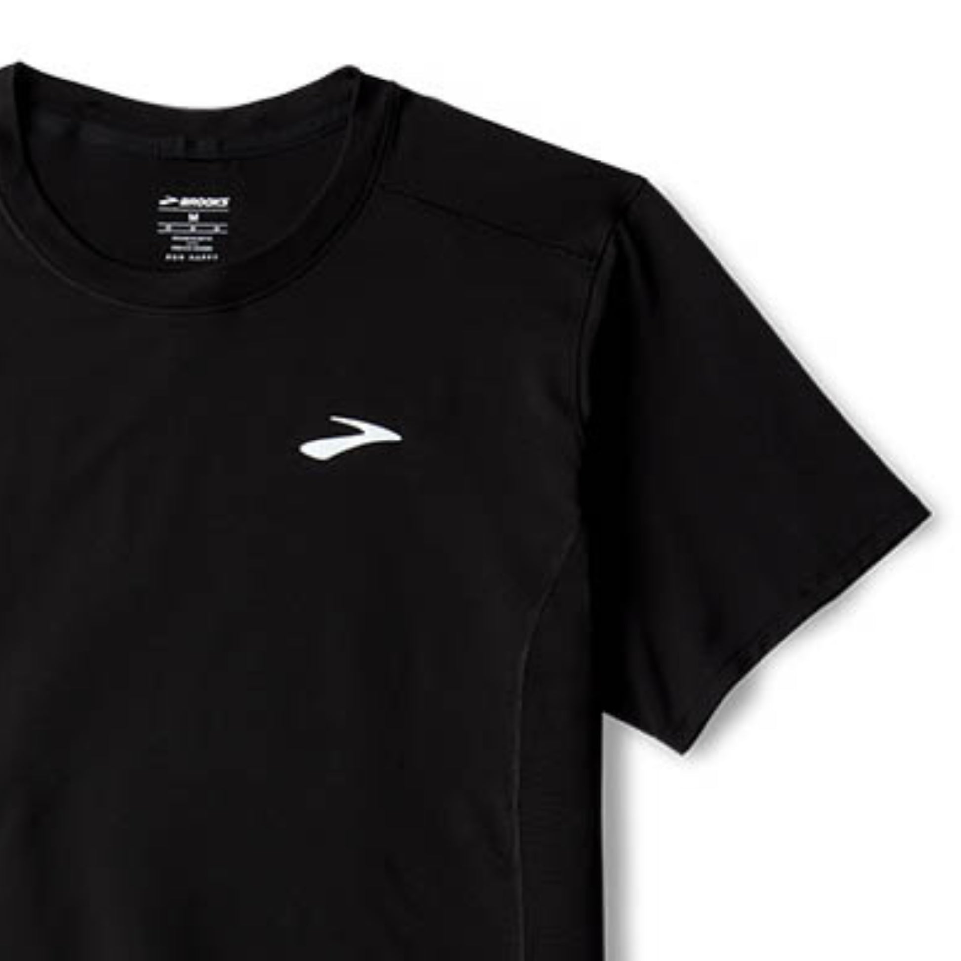 Black t-shirt with a white logo on a light gray background