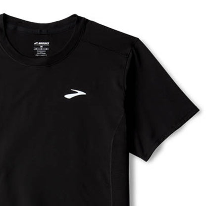 Black t-shirt with a white logo on a light gray background