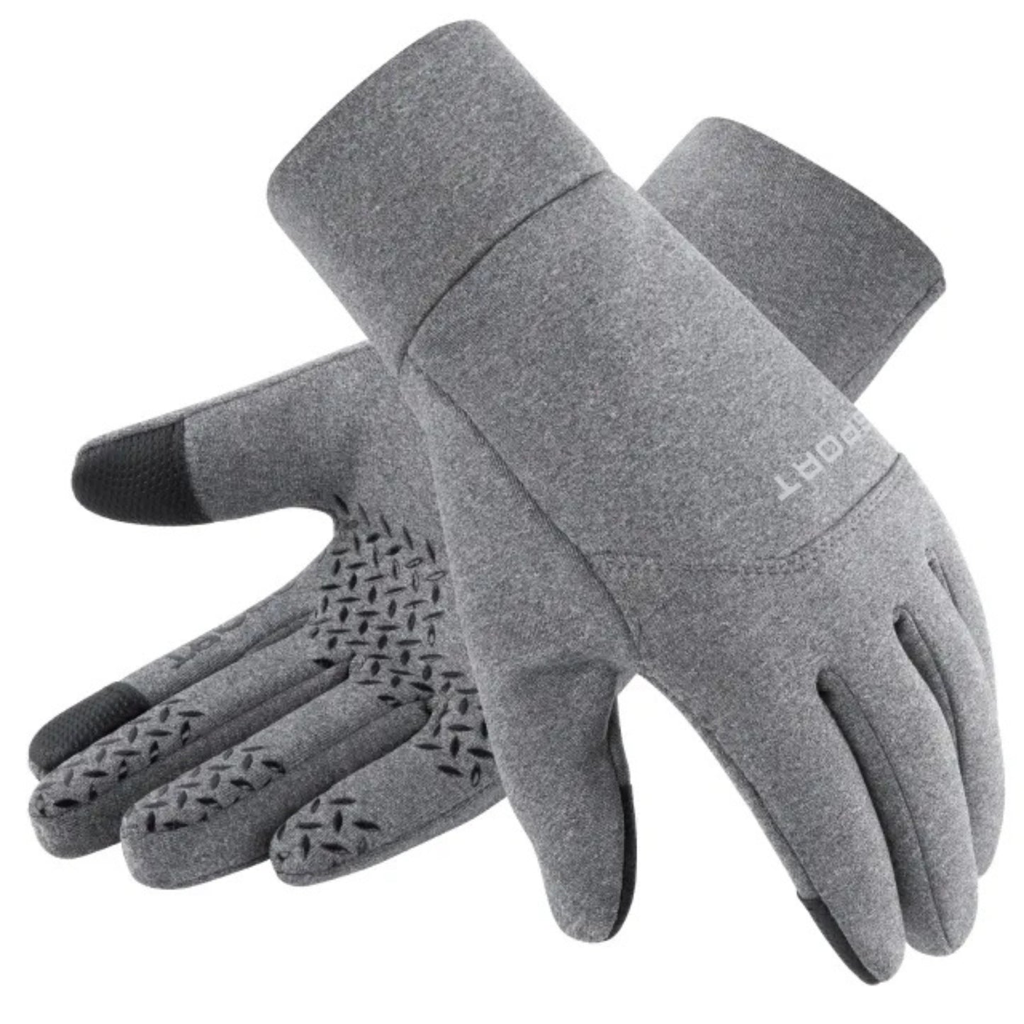 Pair of gray gloves with textured palm on a white background
