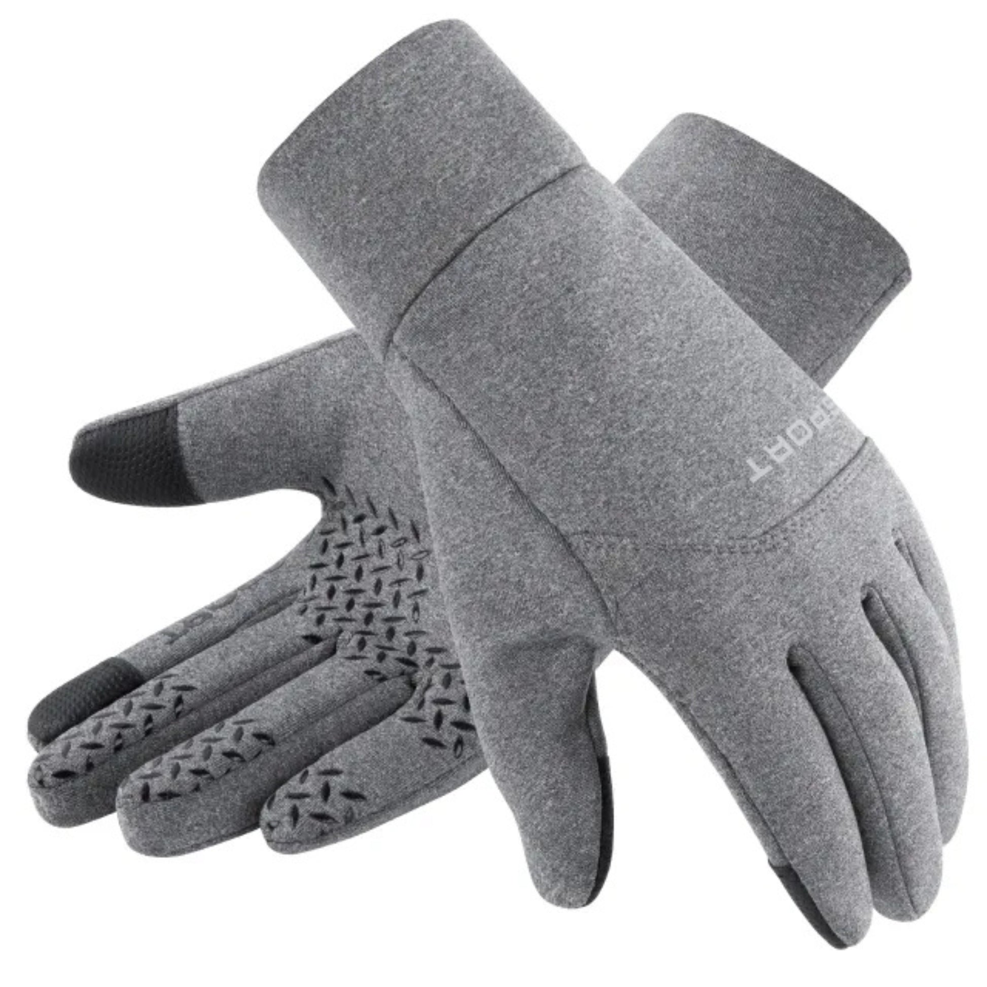 Pair of gray gloves with textured palm on a white background