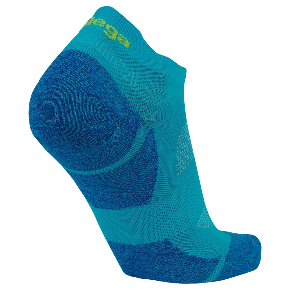 A low-cut athletic sock in teal and blue with a bright yellow-green 'BALEGA' logo on the cuff, shown against a plain white background.
