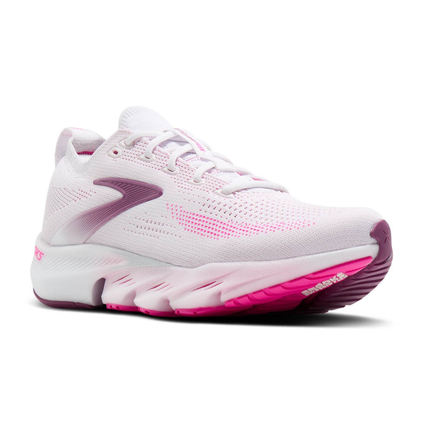 White and pink Brooks running shoe on a white background