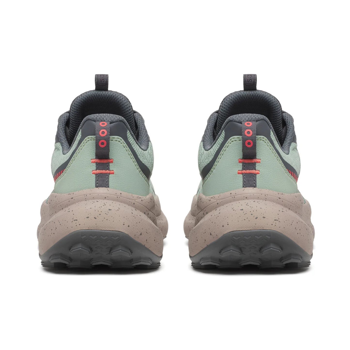 Back view of a pair of running shoes with a white background