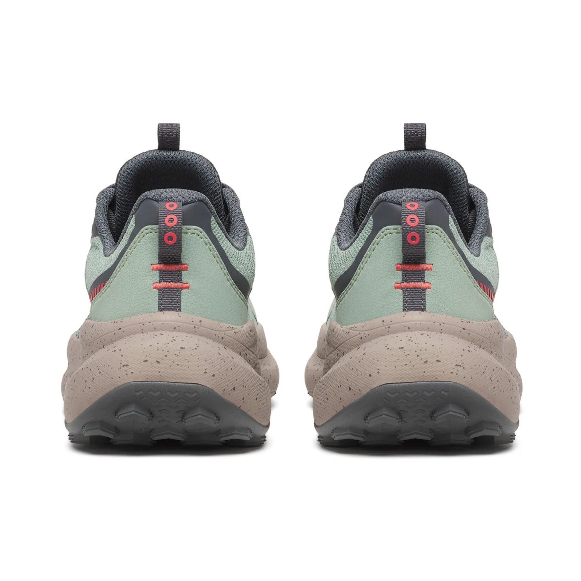 Back view of a pair of running shoes with a white background