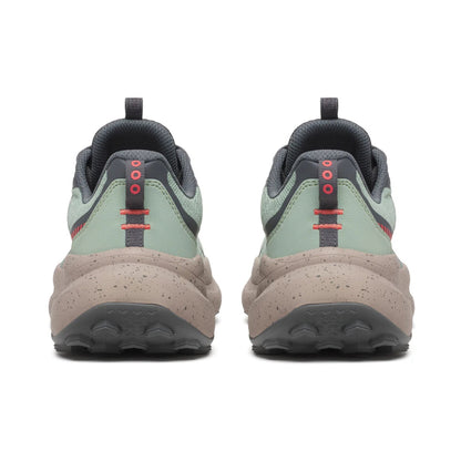 Back view of a pair of running shoes with a white background