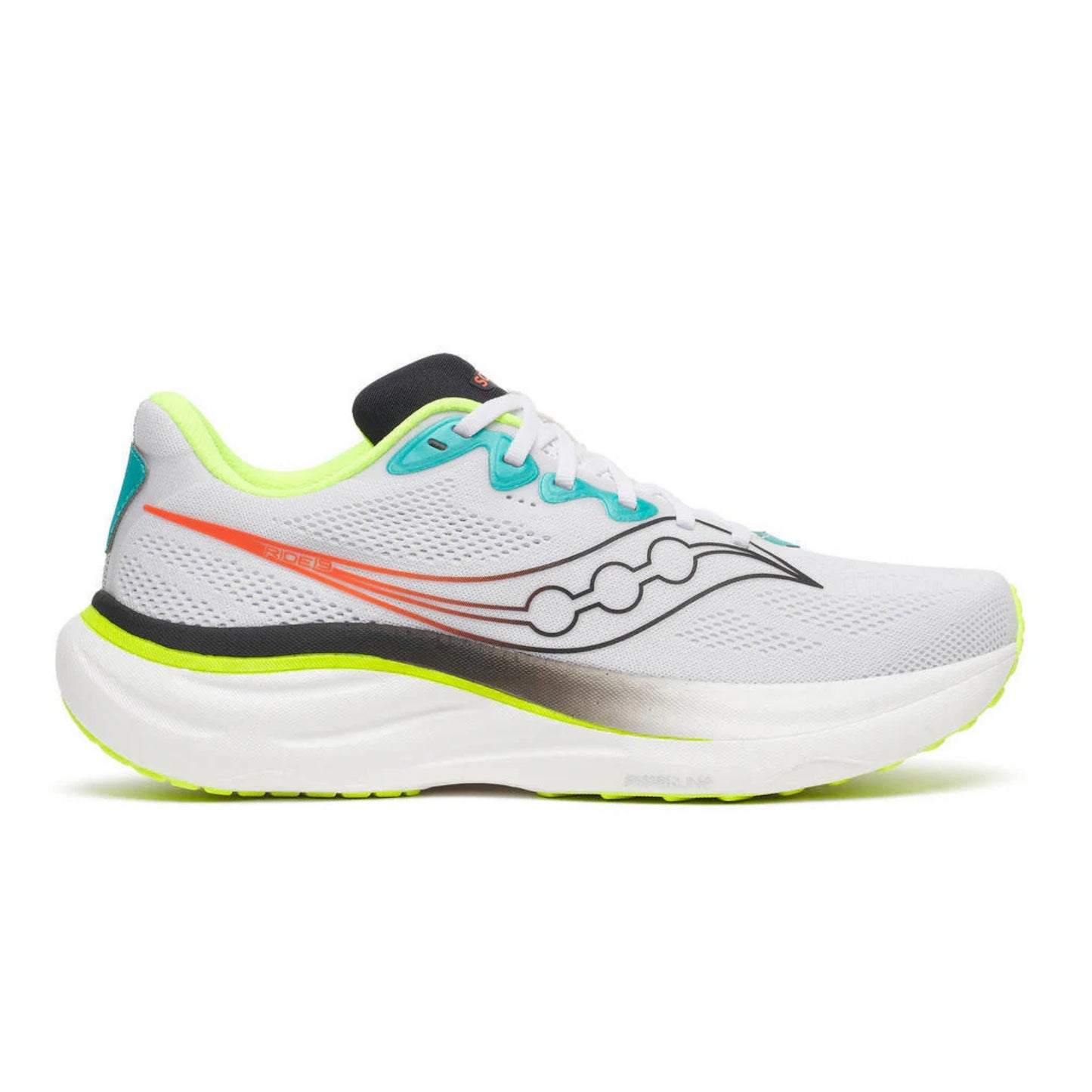 White and black running shoe with yellow accents on a white background