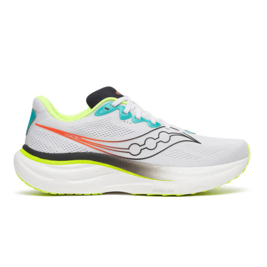 White and black running shoe with yellow accents on a white background