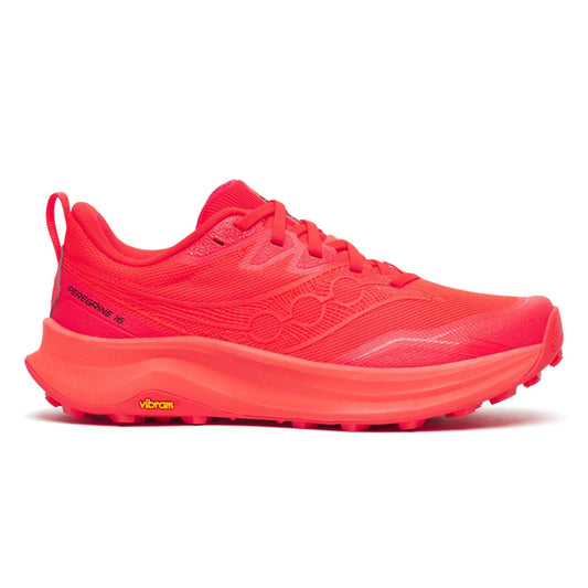 Bright red Saucony running shoe on a white background