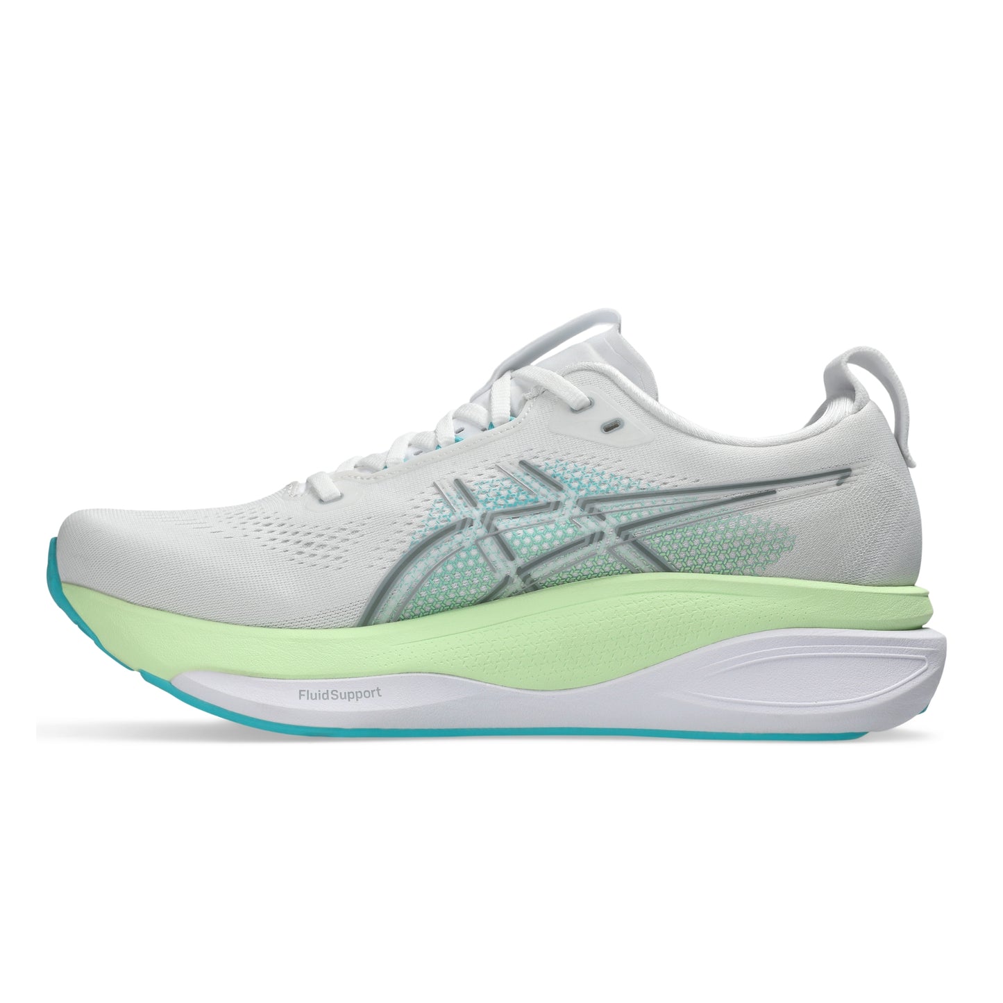 White Asics running shoe with green sole on a white background
