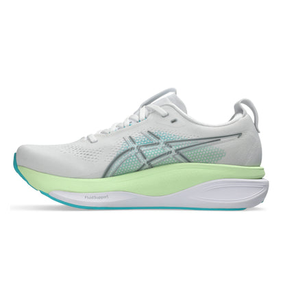 White Asics running shoe with green sole on a white background