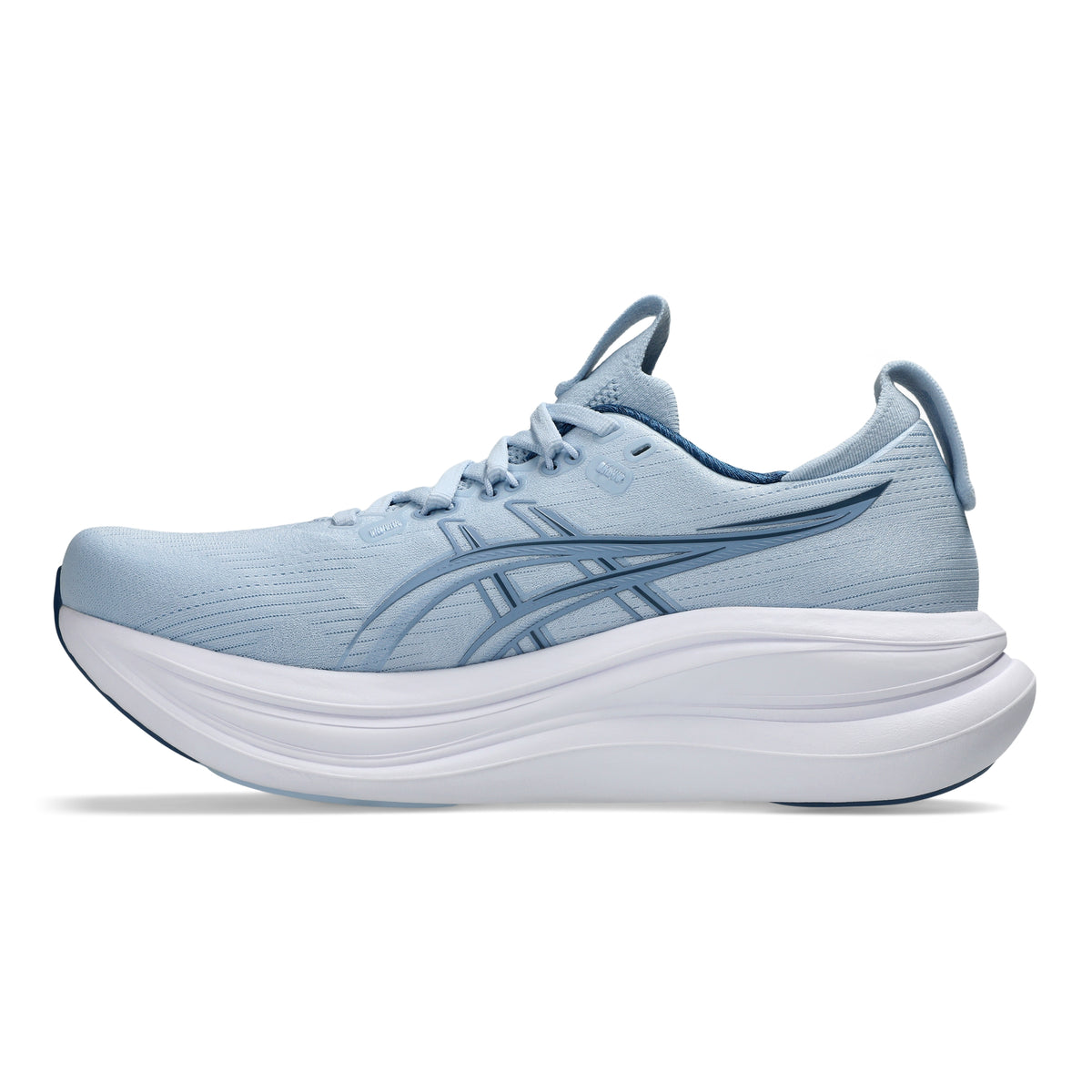 A light blue and white ASICS running shoe shown from the side profile against a clean white background.