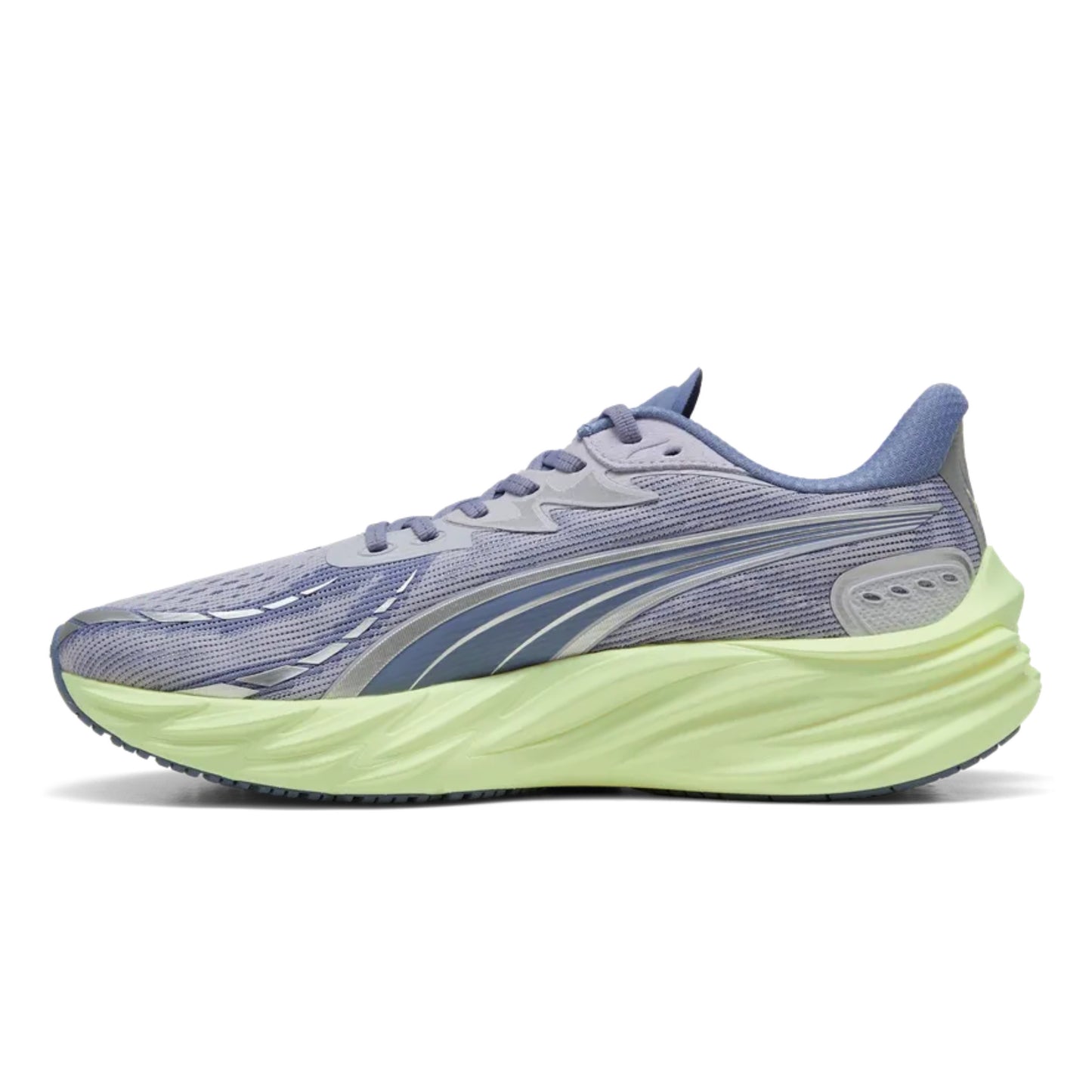 Running shoe with gray and blue upper and green sole on a white background