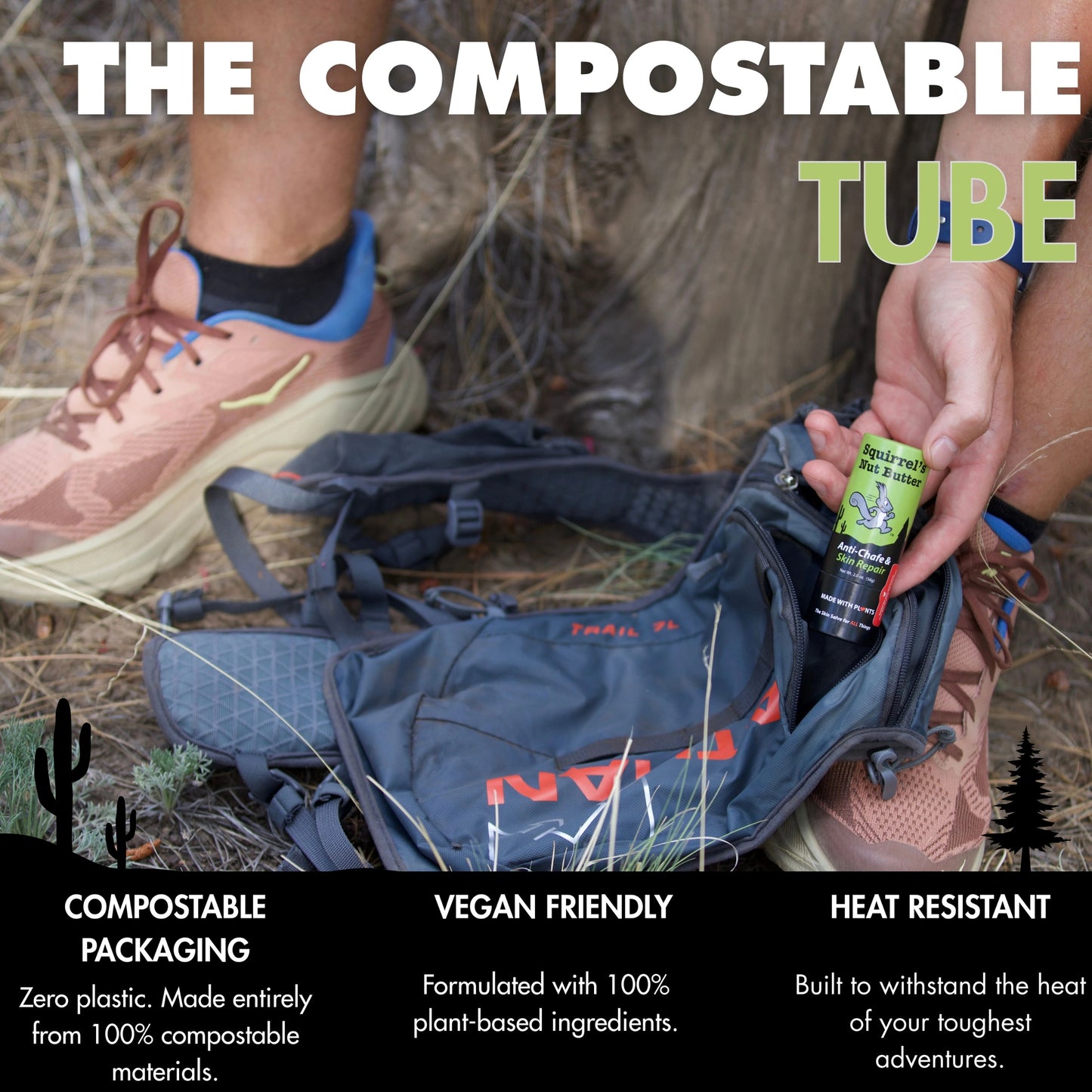 Person holding a compostable tube with outdoor gear and text highlighting features.