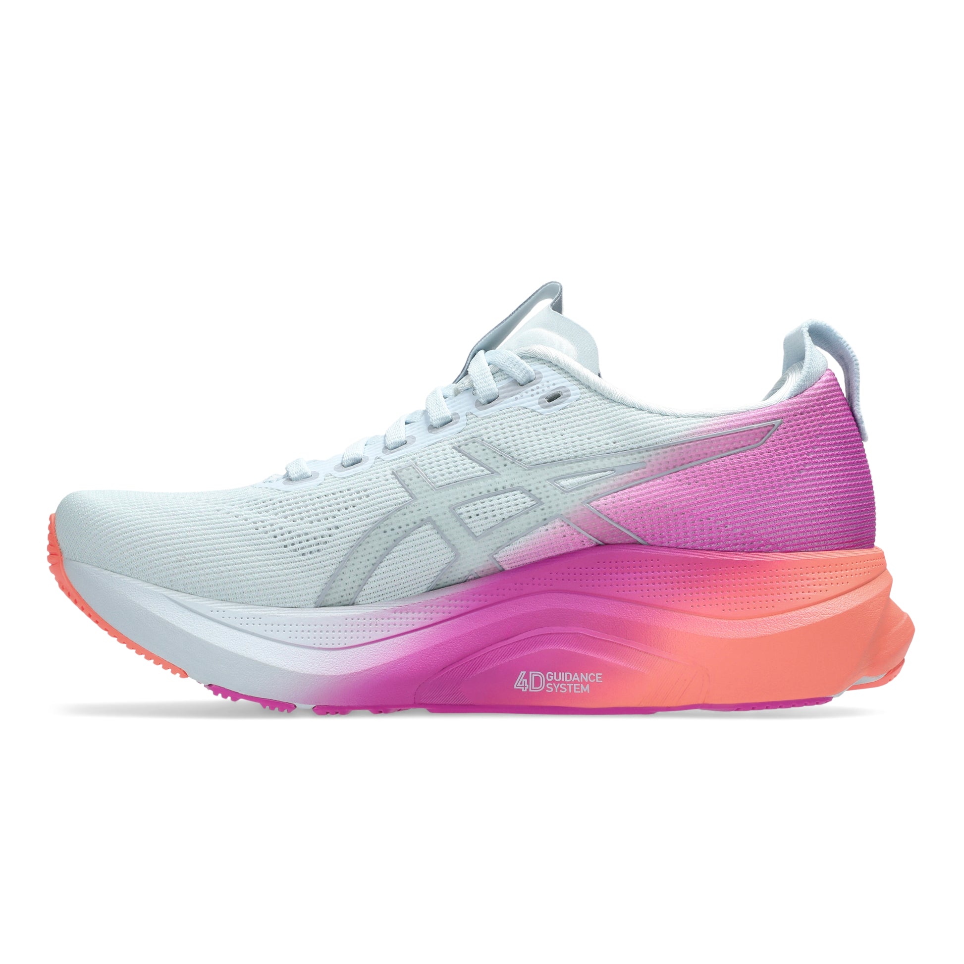 White Asics running shoe with pink and orange gradient sole on a white background