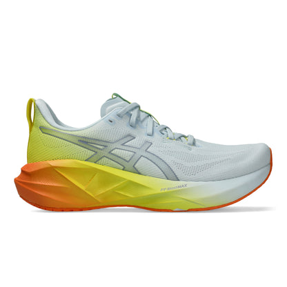 White and yellow Asics running shoe with orange accents on a white background