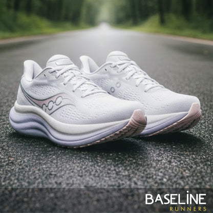 White running shoe with light purple sole a brand logo on a white background