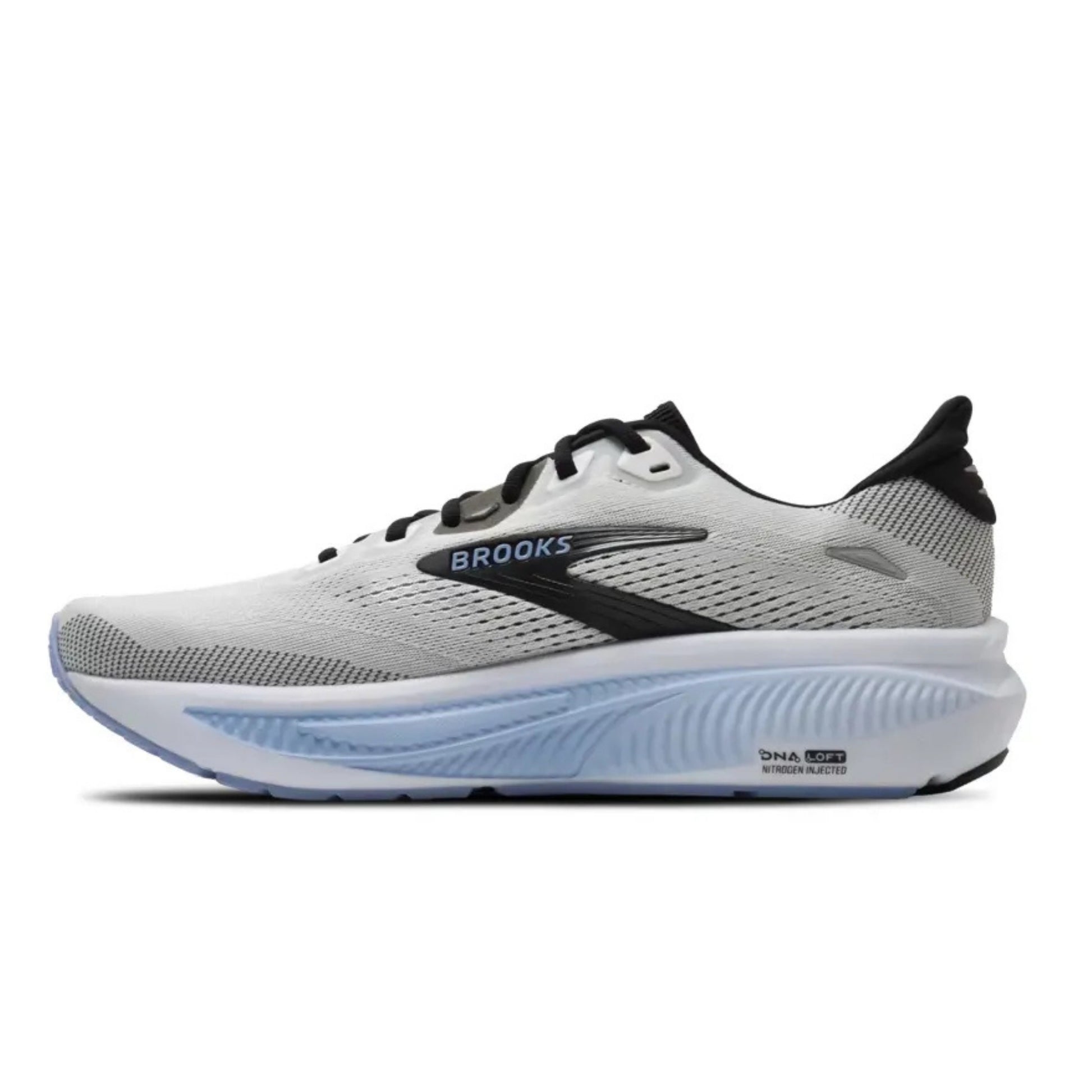 Brooks running shoe in light gray and white with black accents and a light blue midsole, shown from the side on a white background.