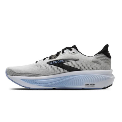 Brooks running shoe in light gray and white with black accents and a light blue midsole, shown from the side on a white background.