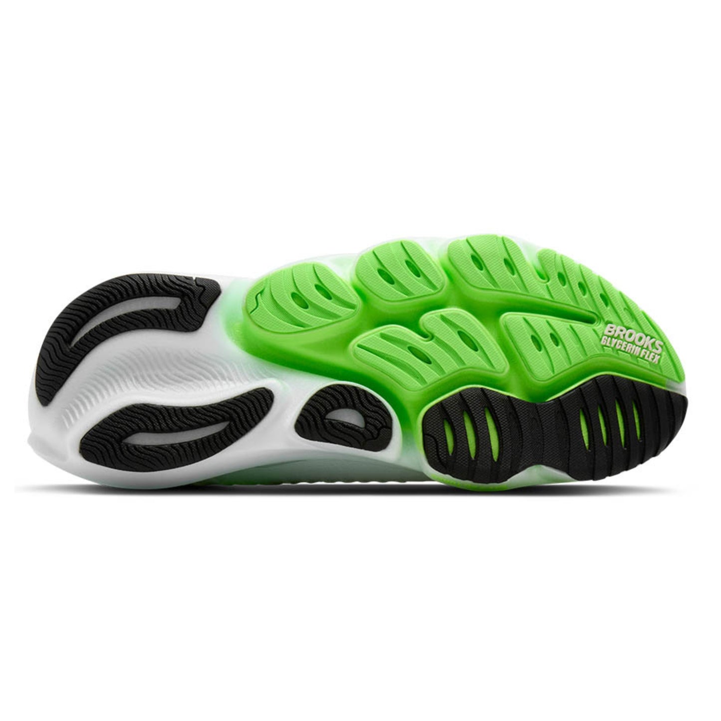 Green and black running shoe sole with 'Brooks' branding on a white background