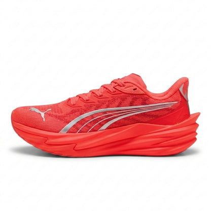 Red Puma running shoe with a white logo on a white background
