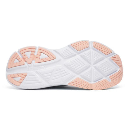 Bottom of a running shoe with light ink nd white sole