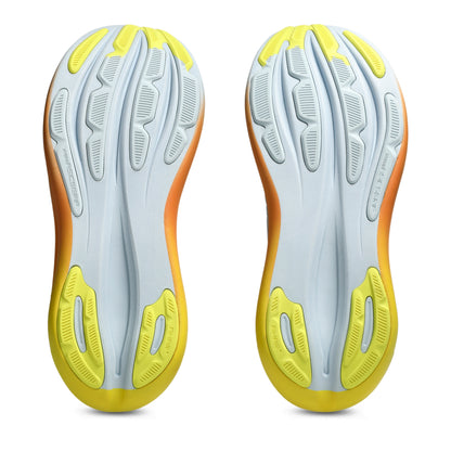 Bottom view of Asics running shoe sole with a tread pattern on a white background