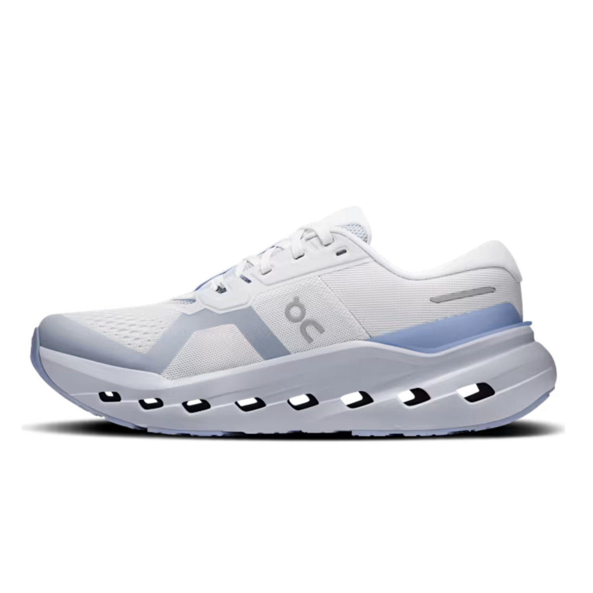 A white On running shoe with light blue accents on the heel and sole, shown in a side profile against a white background.