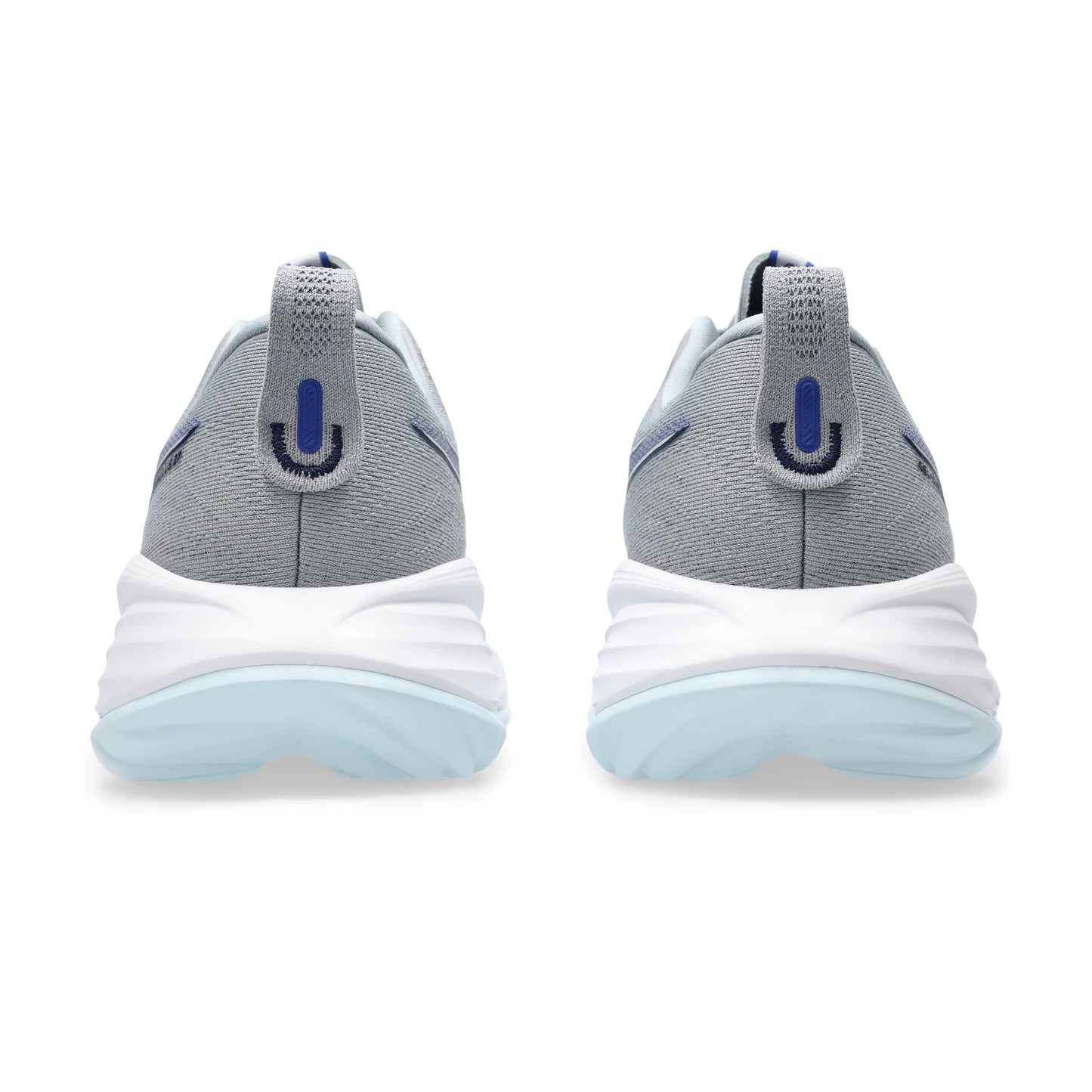 Pair of gray and white Asics running with blue accents on a white background