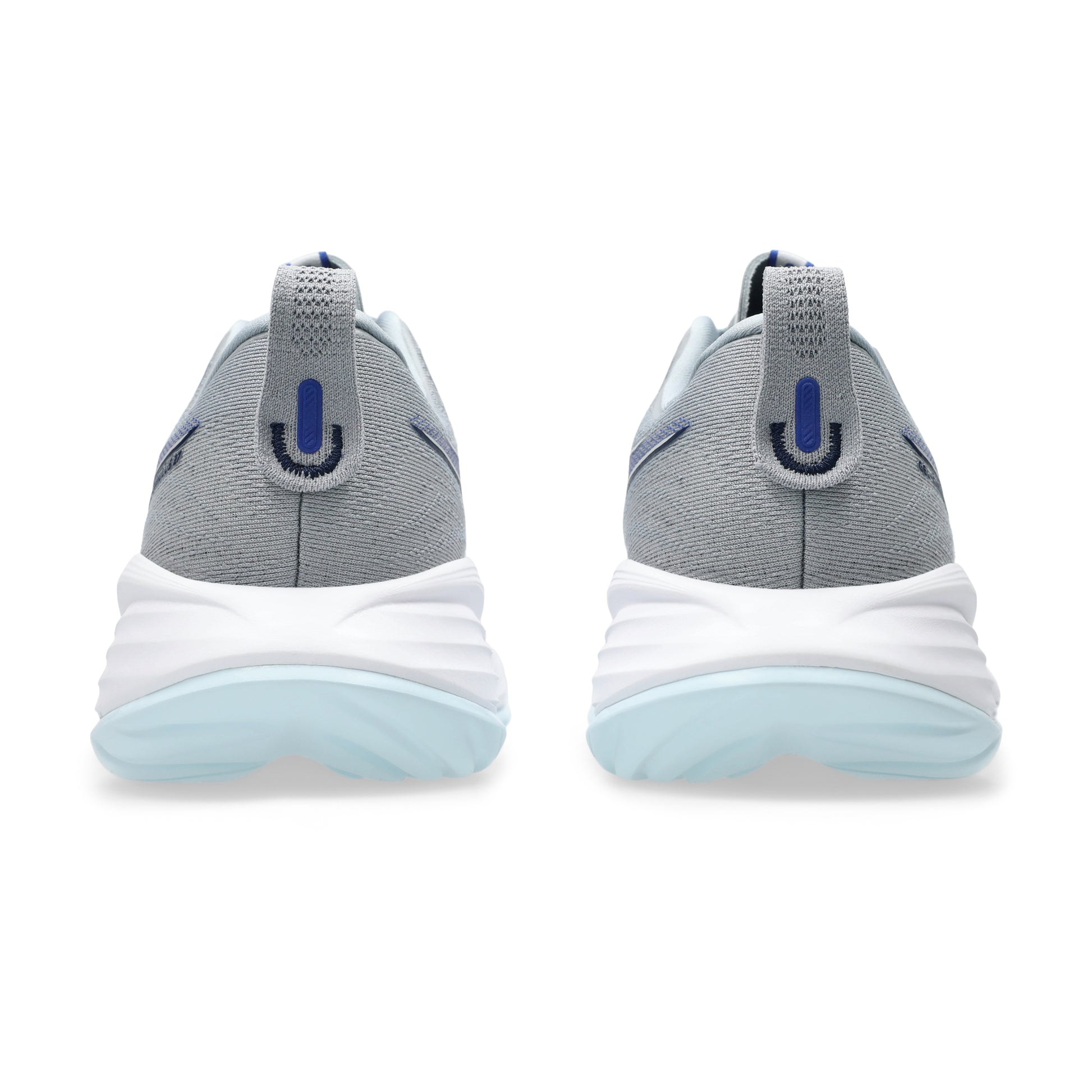 Pair of gray and white Asics running with blue accents on a white background