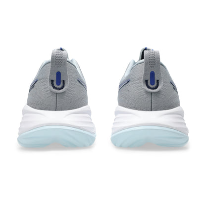 Pair of gray and white Asics running with blue accents on a white background