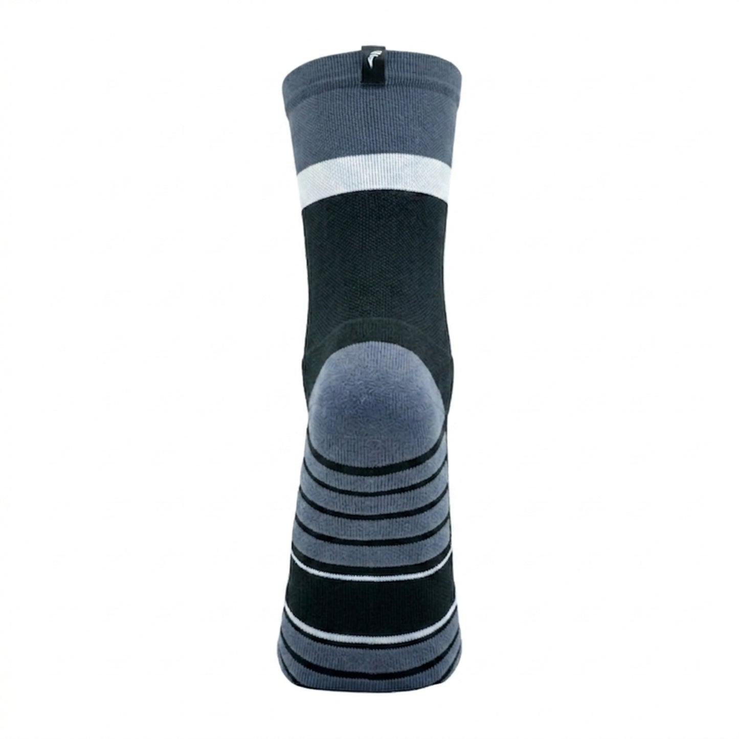 Black and gray sock with white stripe on a white background