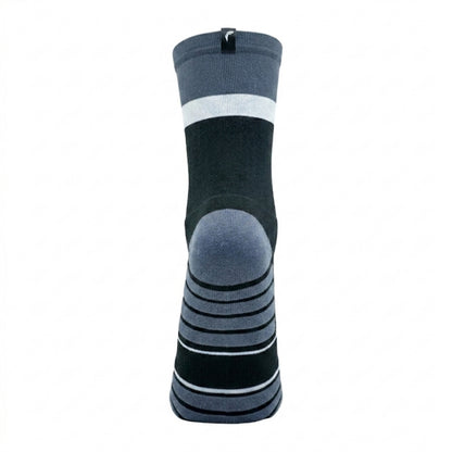 Black and gray sock with white stripe on a white background