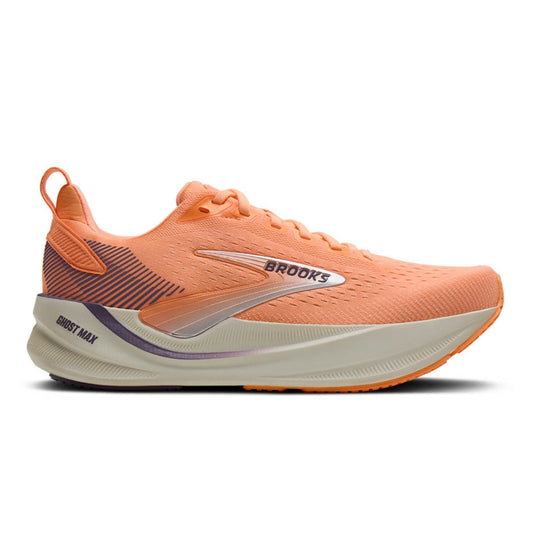 Brooks running shoe in orange and cream with dark purple accents, shown in a side profile on a white background.
