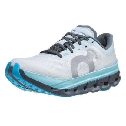 White and blue running shoe with gray accents on a white background