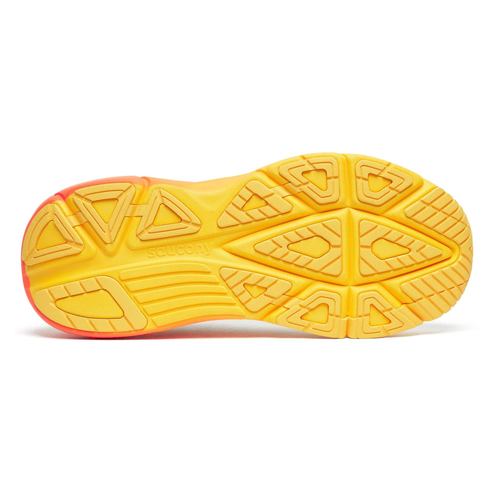 Bottom of a Saucony running yellow shoe sole with unique tread pattern on a white background