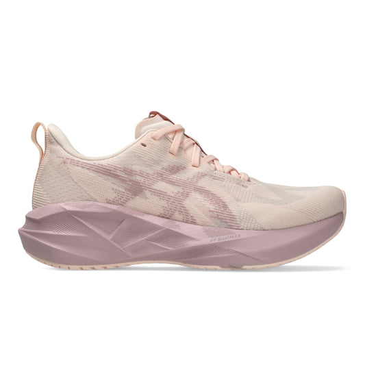Pink Asics running shoe on a white background