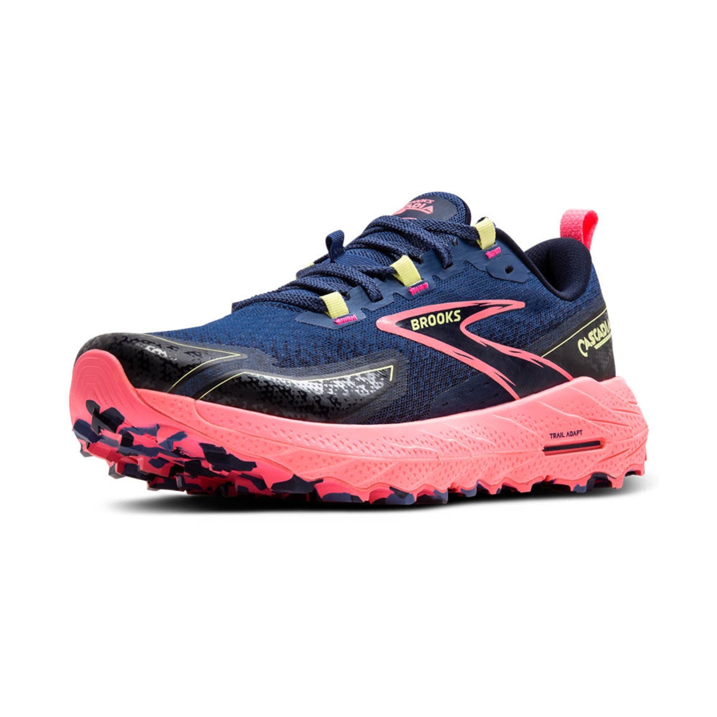 Blue and pink running shoe with visible branding on a white background