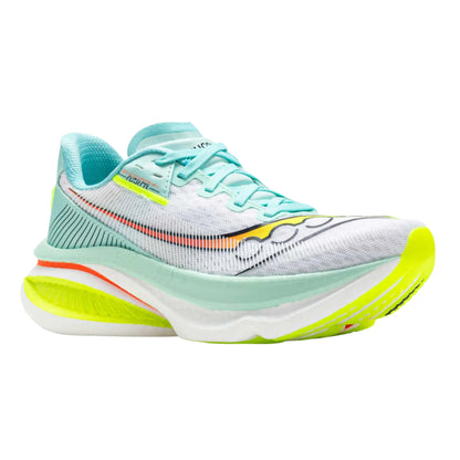 Turquise and white Saucony running shoe on a white background