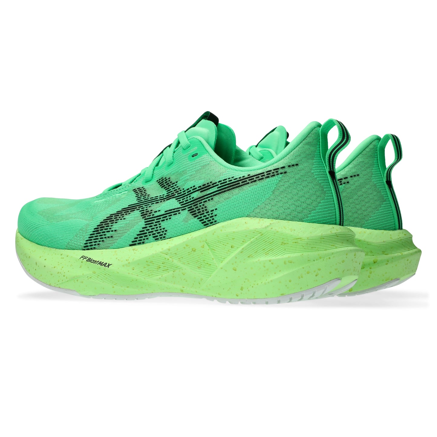 Green Asics running shoes with black accents on a white background