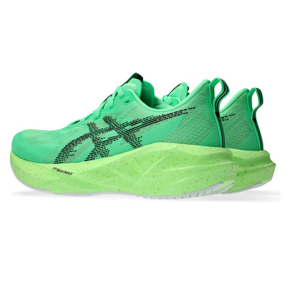 Green Asics running shoes with black accents on a white background