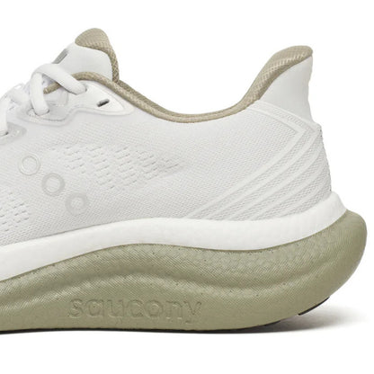 White Saucony running shoe with beige sole on a white background