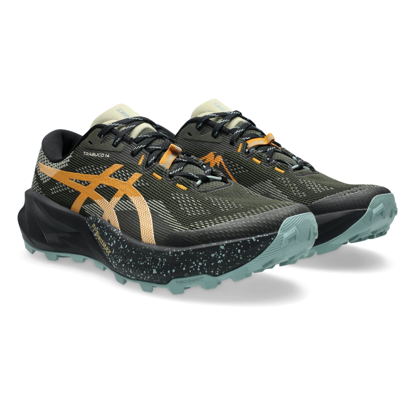 A pair of Asics trail running shoes in black and olive green with orange logo accents and light blue soles, shown on a white background.