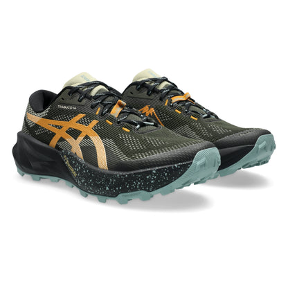 A pair of Asics trail running shoes in black and olive green with orange logo accents and light blue soles, shown on a white background.